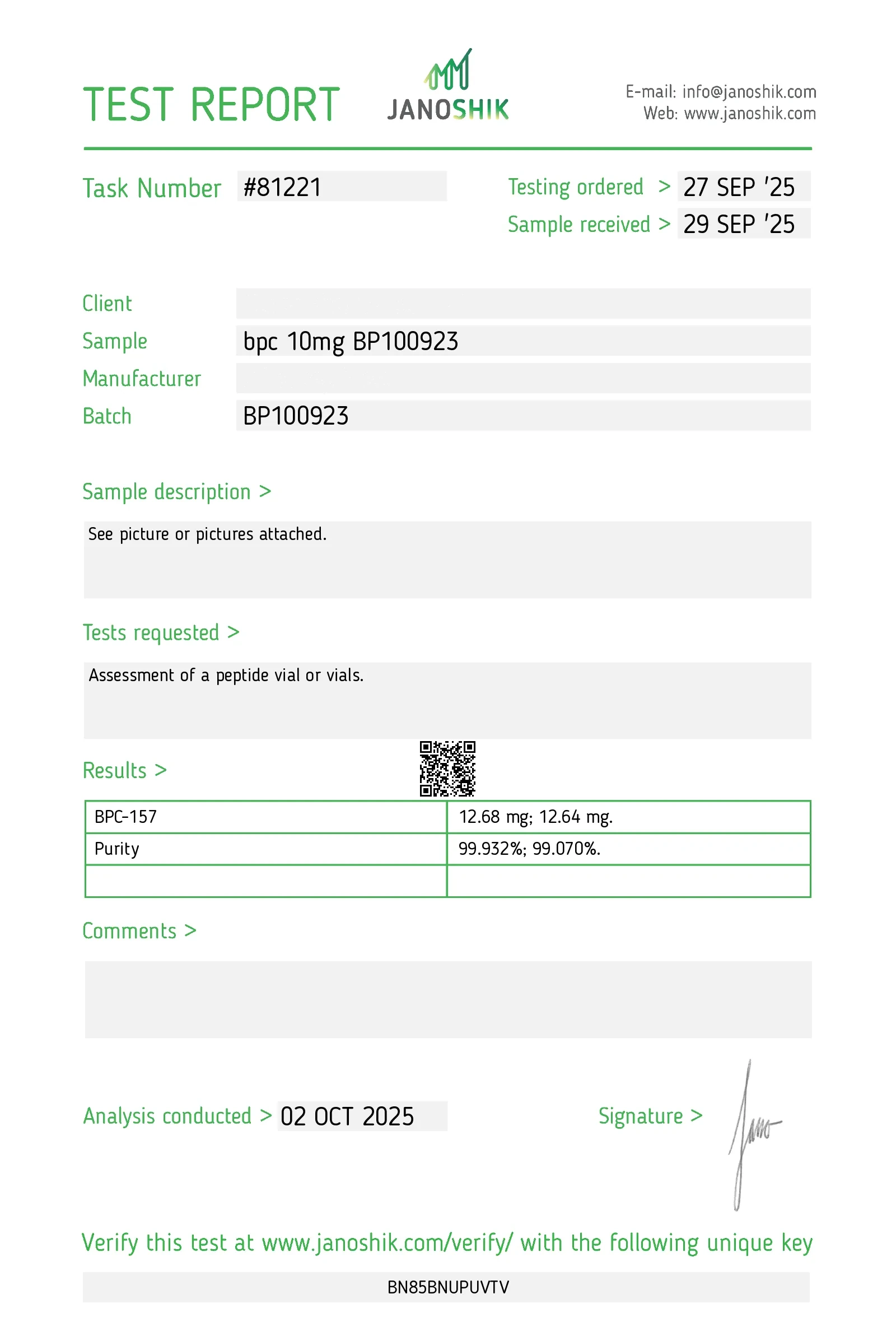BPC-157 batch BP100923 — Janoshik HPLC certificate of analysis