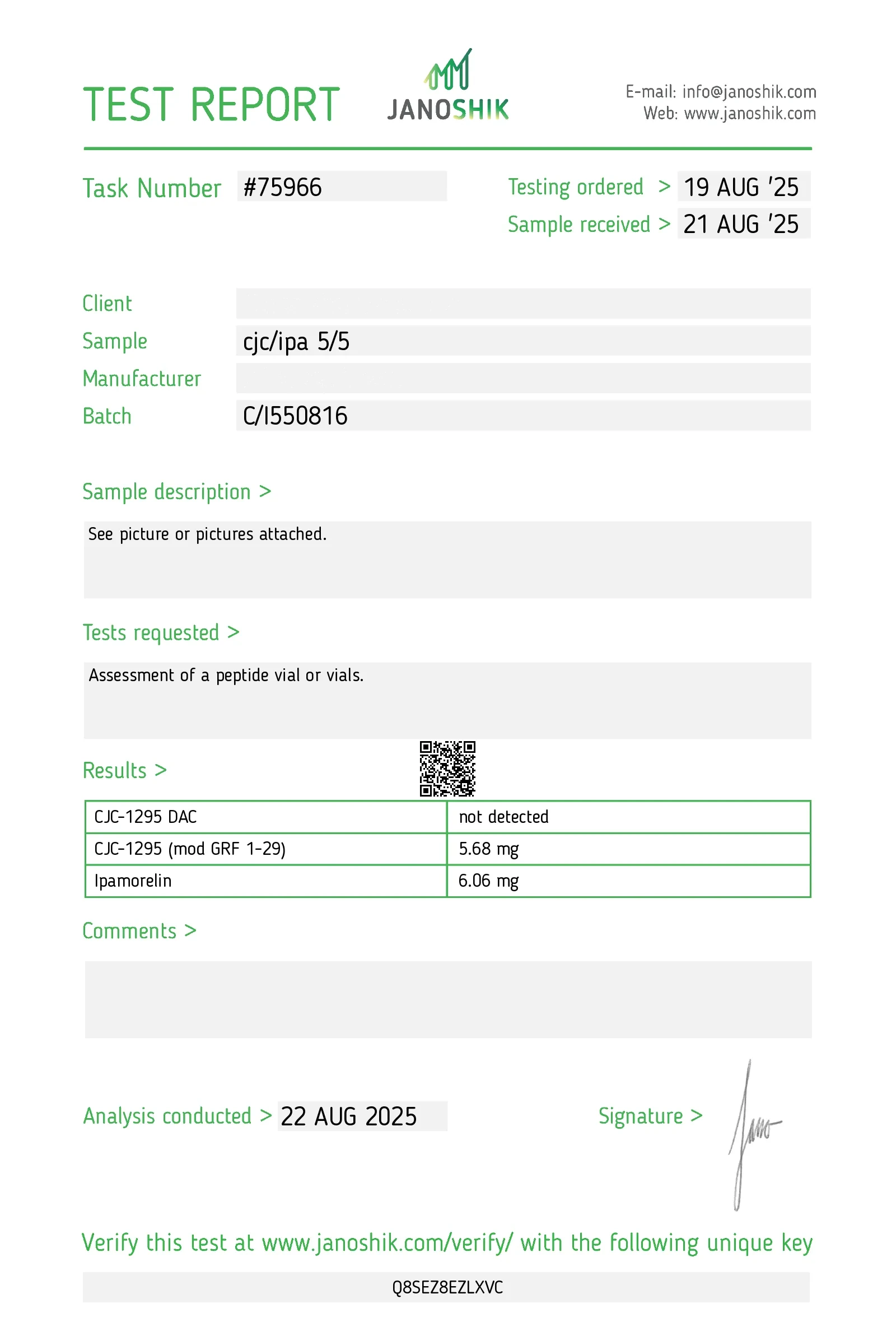 CJC-1295 (no DAC) + Ipamorelin batch C/I550816 — Janoshik HPLC certificate of analysis