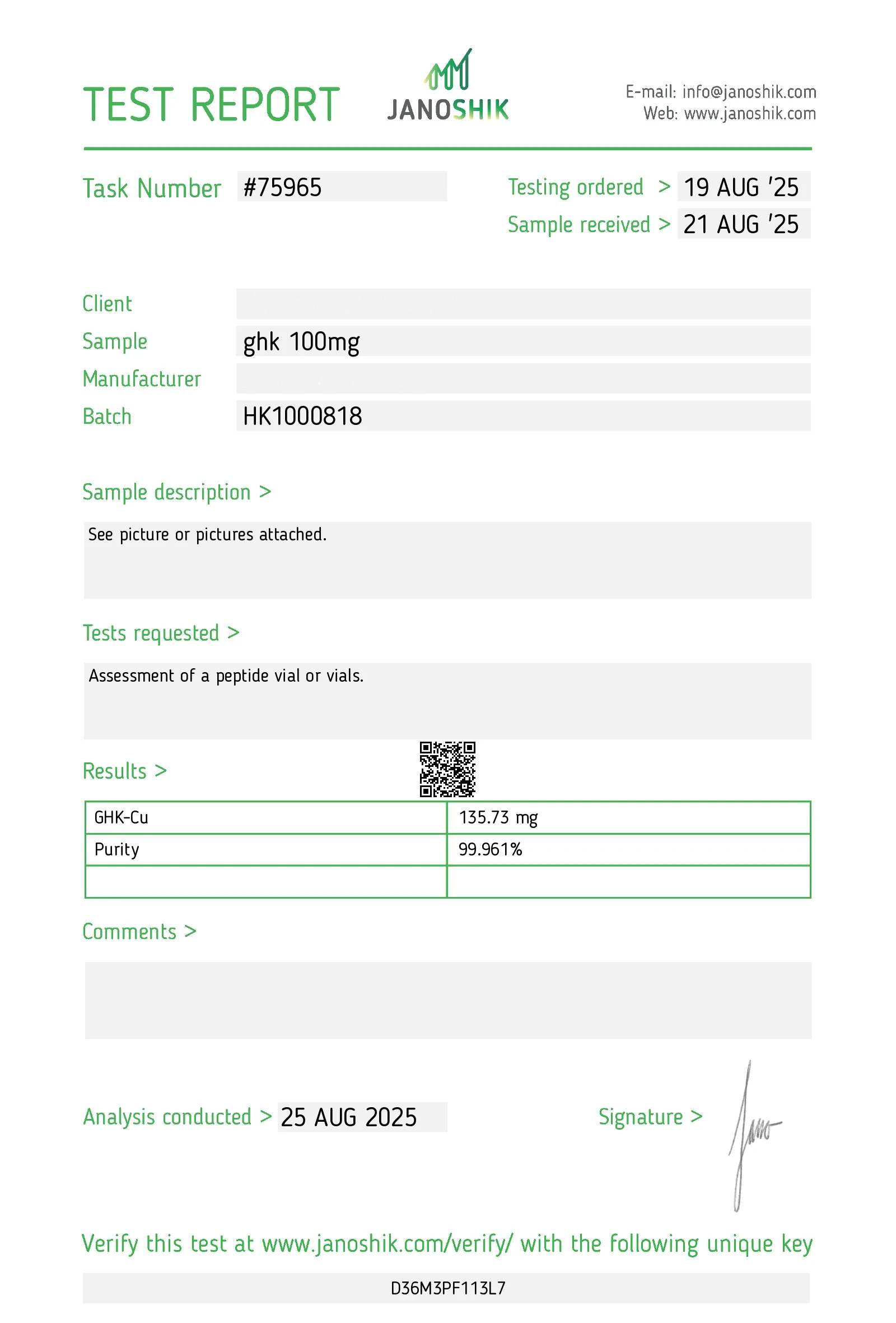 GHK-Cu batch HK1000818 — Janoshik HPLC certificate of analysis