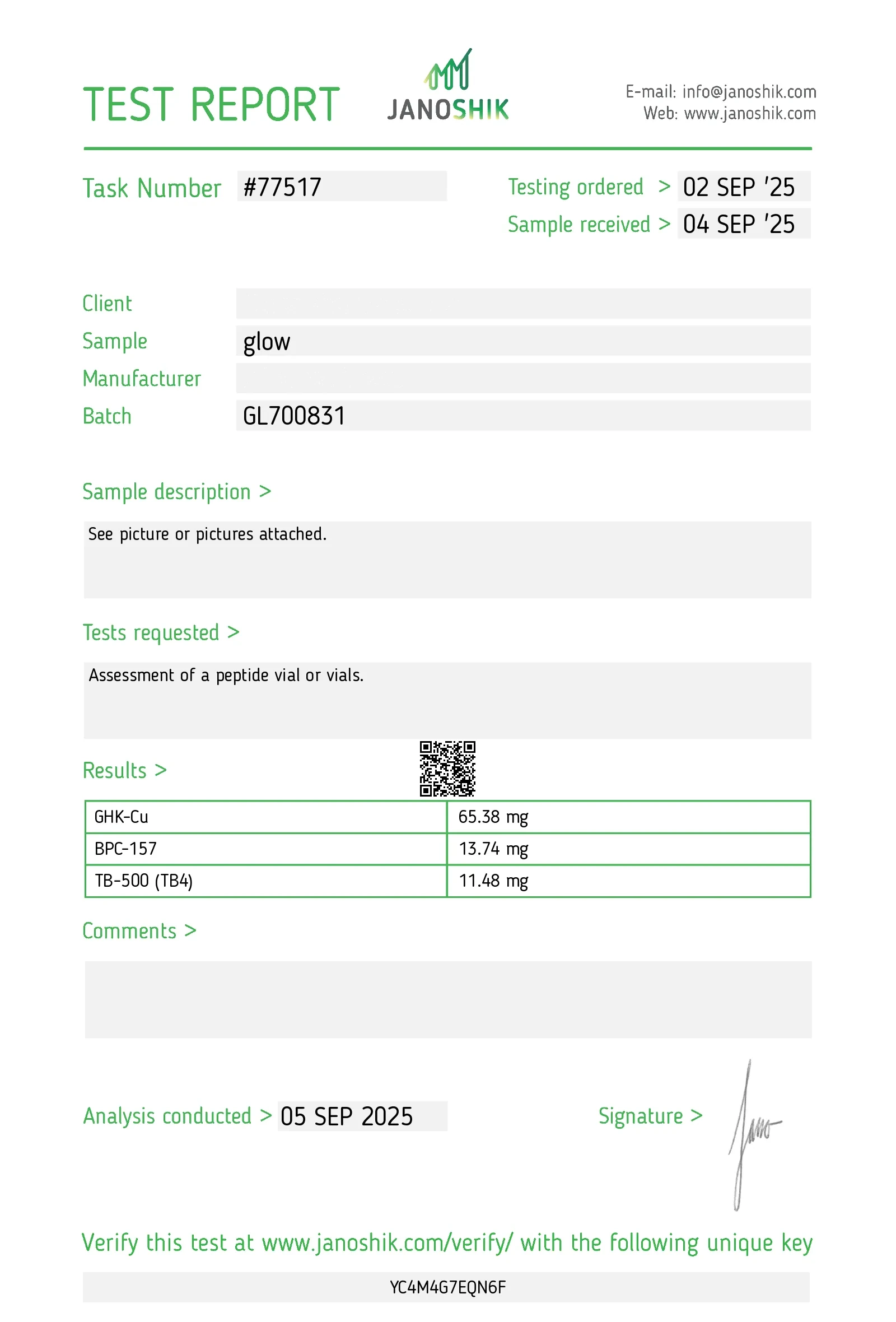 GLOW70 batch GL700831 — Janoshik HPLC certificate of analysis