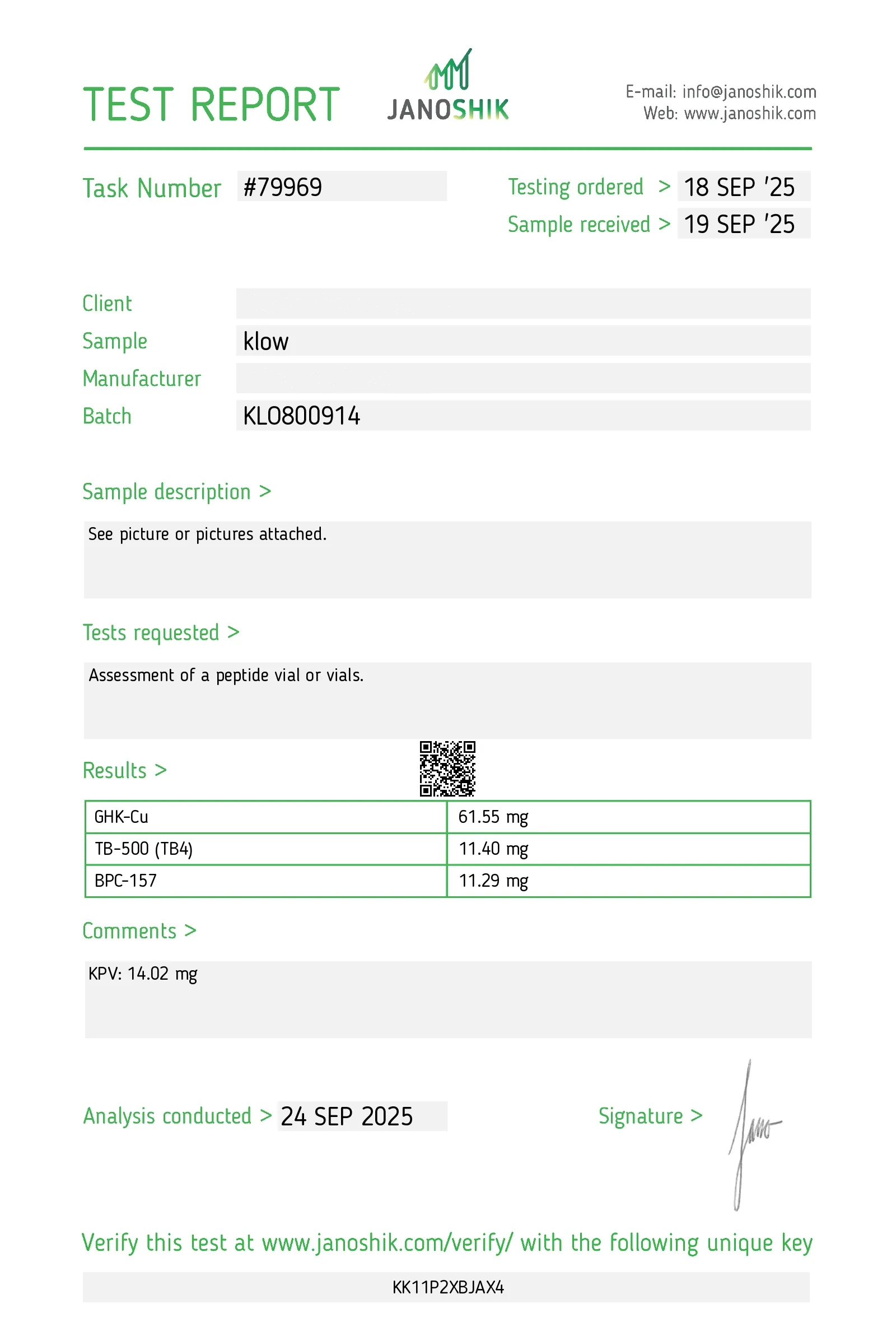 KLOW80 batch KLO800914 — Janoshik HPLC certificate of analysis