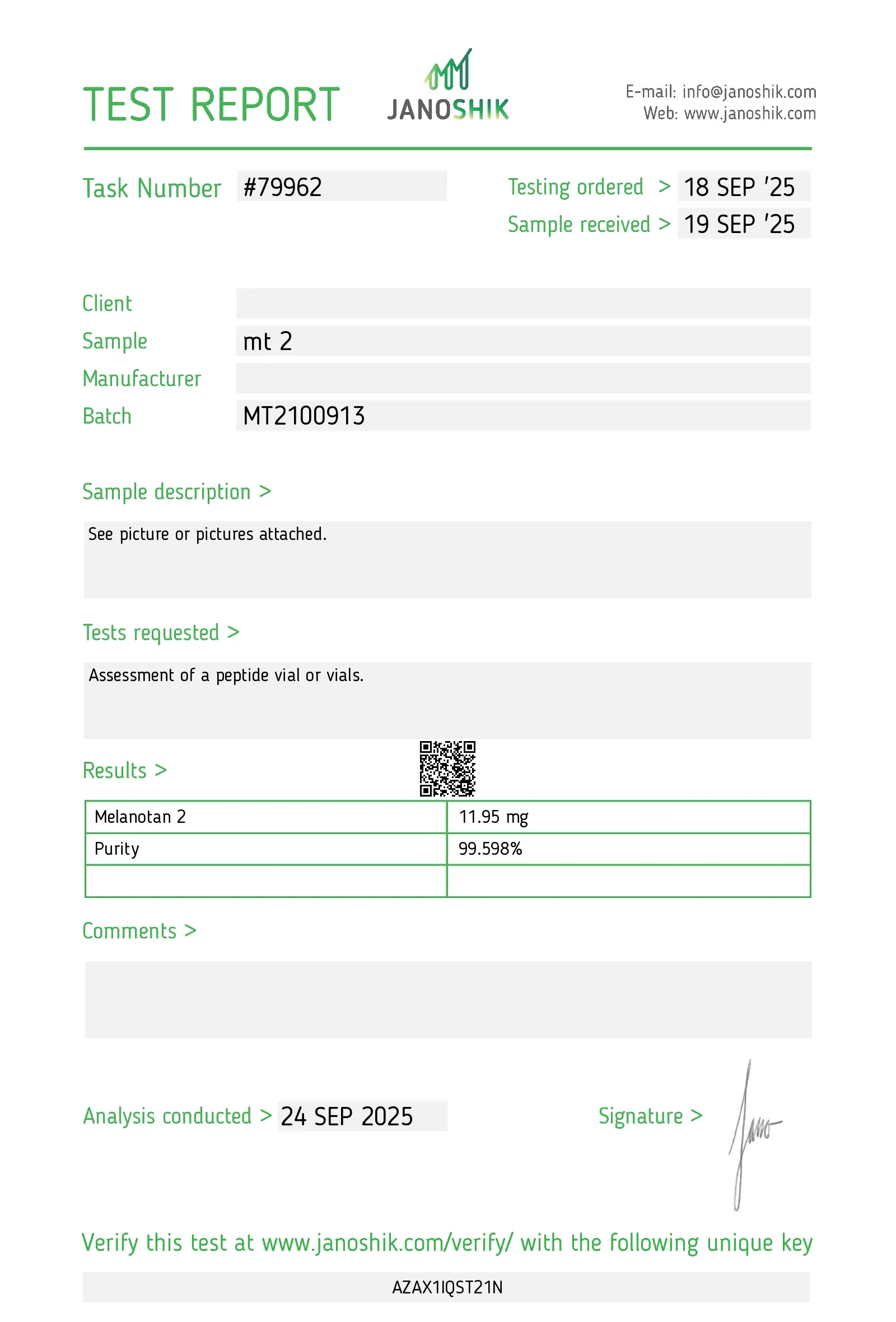 Melanotan 2 batch MT2100913 — Janoshik HPLC certificate of analysis