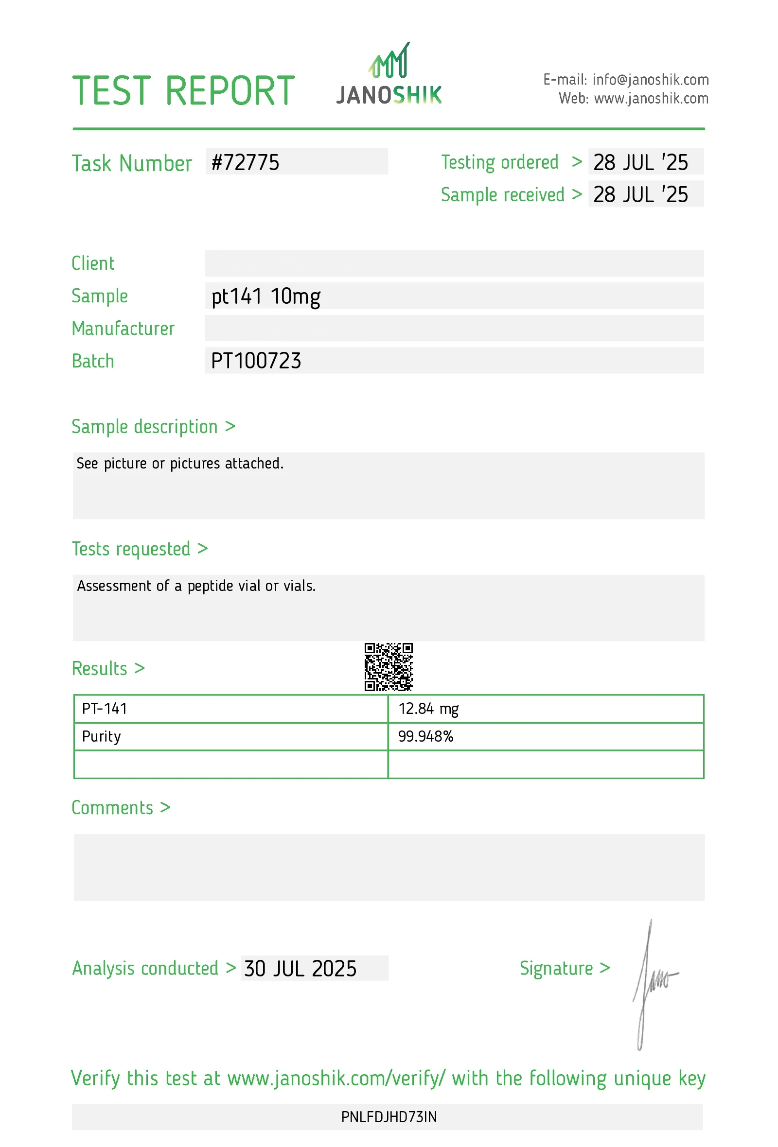 PT-141 batch PT100723 — Janoshik HPLC certificate of analysis