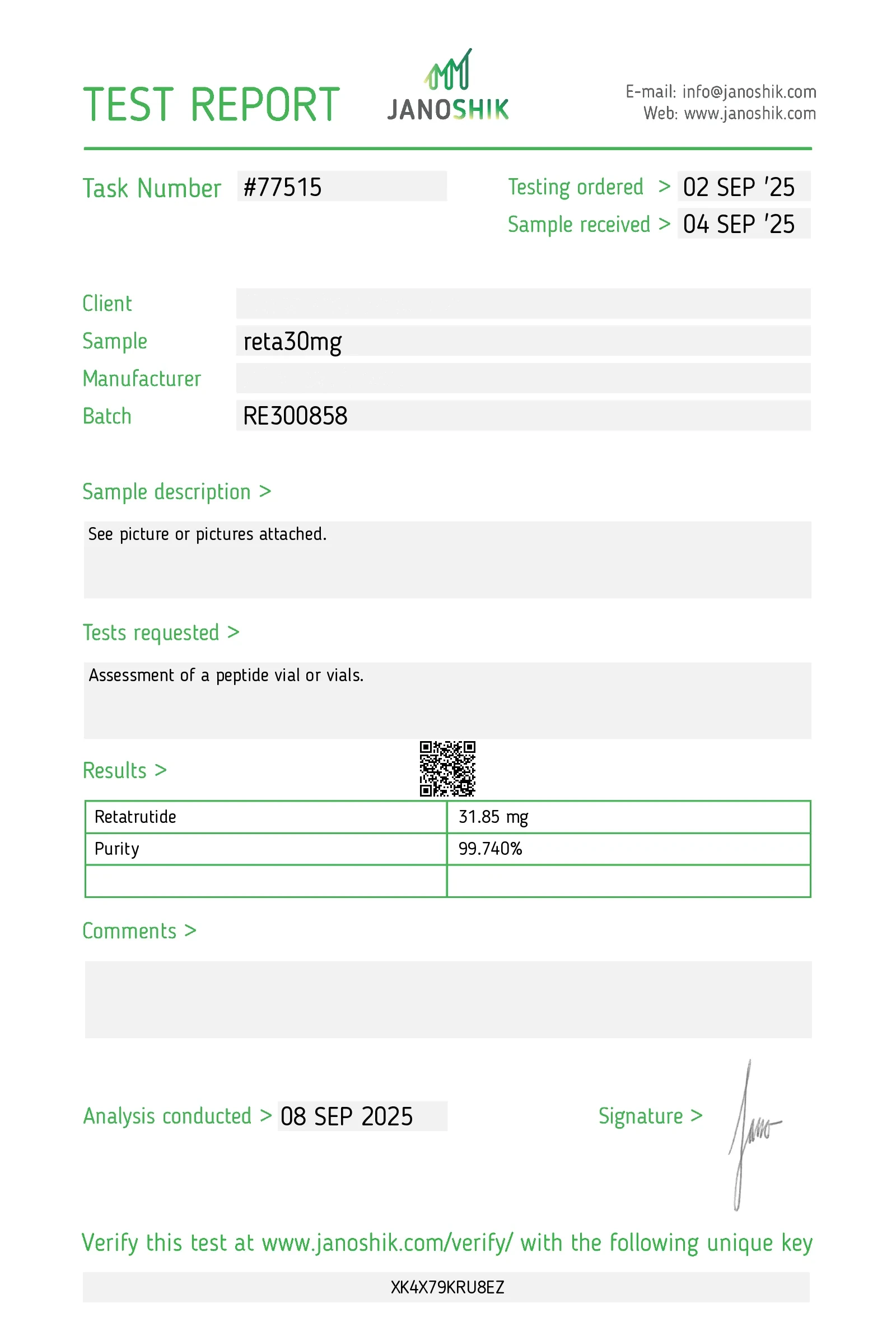 Retatrutide batch RE300858 — Janoshik HPLC certificate of analysis