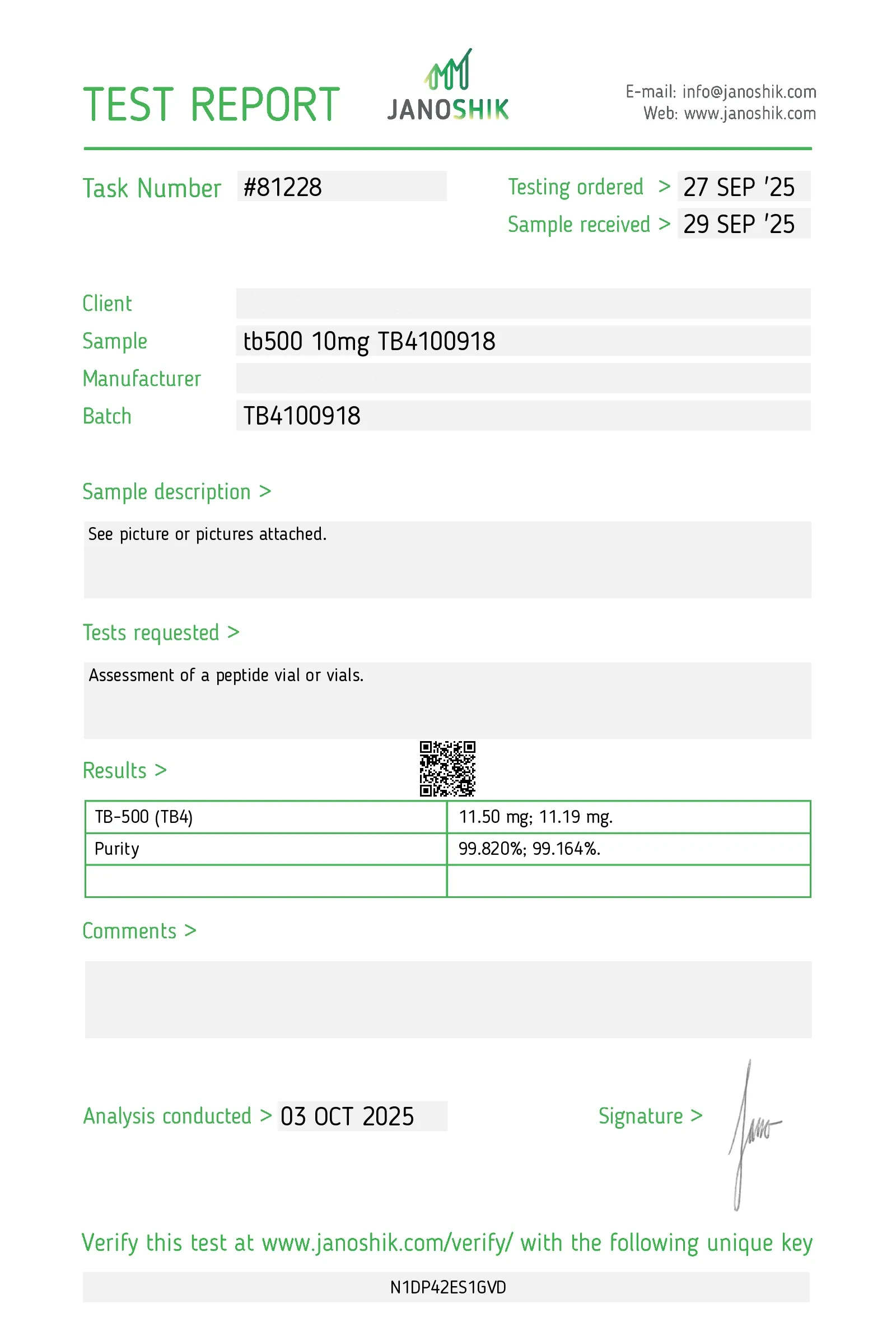 TB-500 batch TB4100918 — Janoshik HPLC certificate of analysis