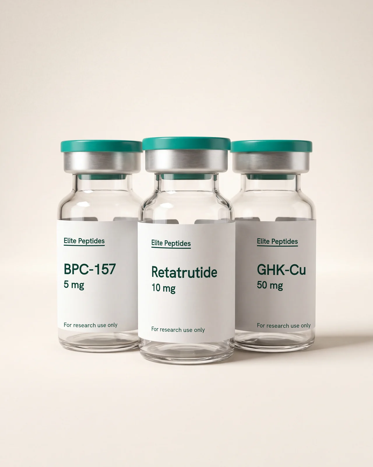 Elite AU Peptides research vials on a seamless studio-white ground