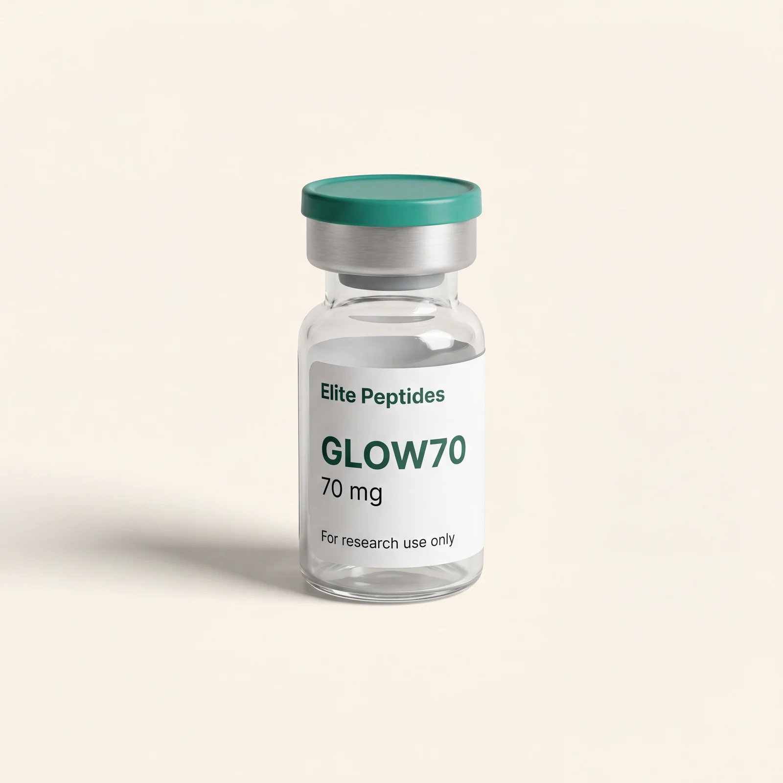 GLOW70 co-lyophilised research blend vial — BPC-157, GHK-Cu and TB-500, independently HPLC-content-tested, COA on file